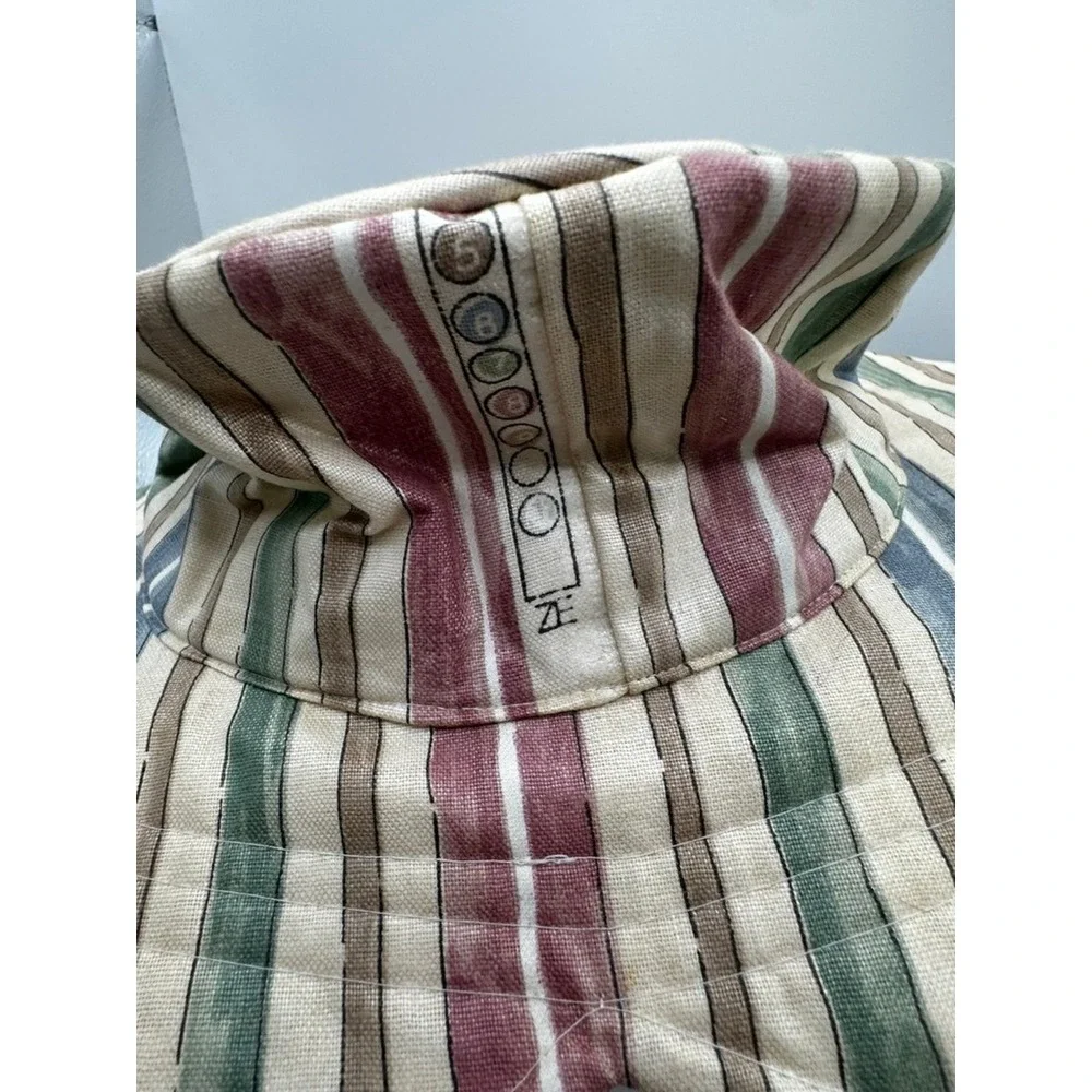 Vintage Scalloped Brim Bucket Hat Multi Color Striped Canvas Sun Hat Earth Tones